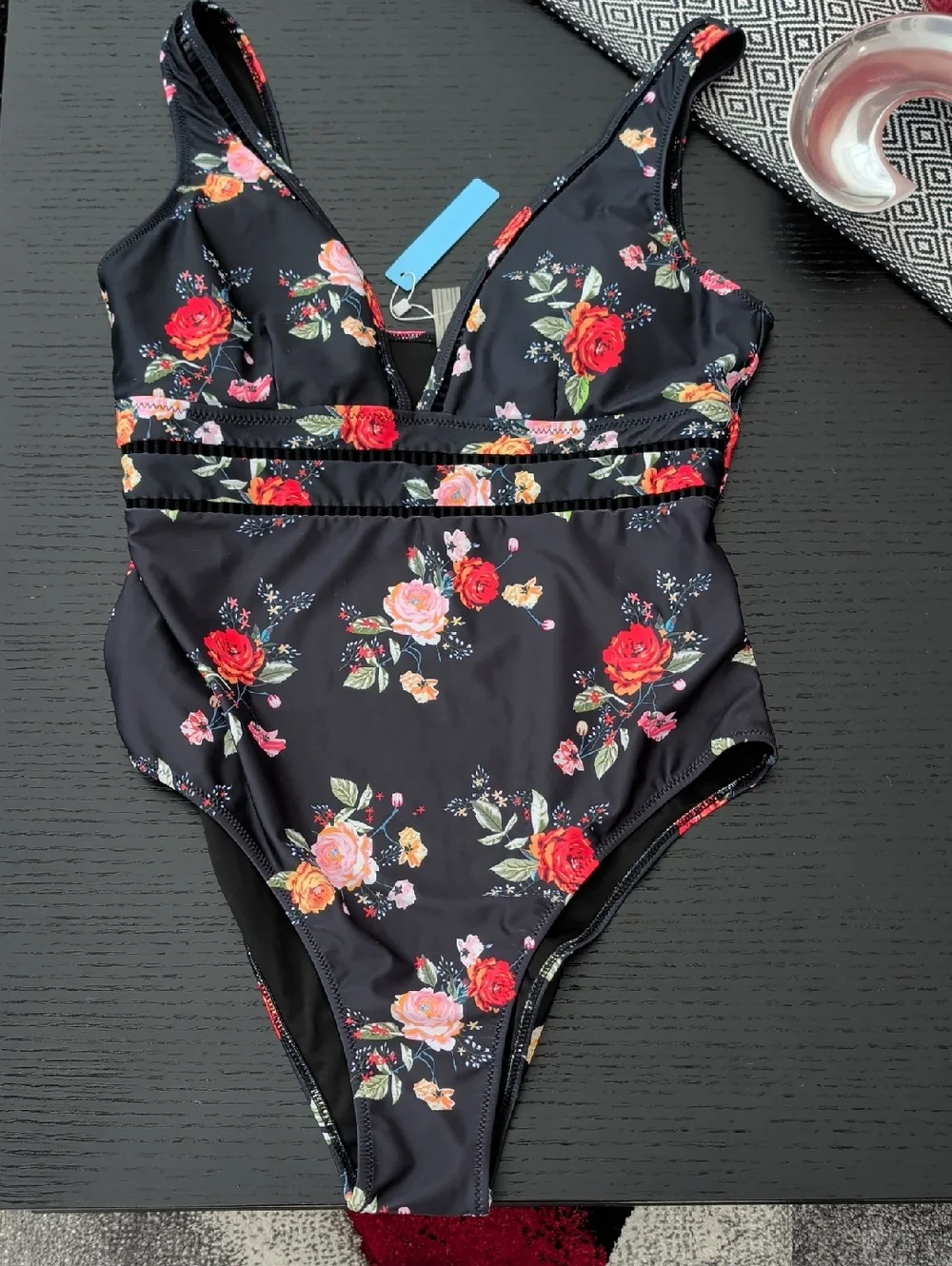 New Floral Print on Black One Piece Swimsuit LIVE LIFE ON THE BEACH XXL Bathing - Picture 1 of 9